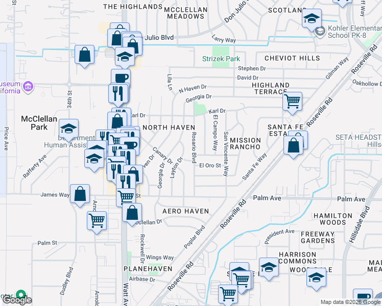 map of restaurants, bars, coffee shops, grocery stores, and more near 5709 Rosario Boulevard in North Highlands