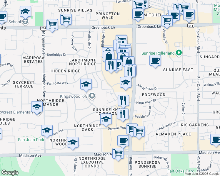map of restaurants, bars, coffee shops, grocery stores, and more near 5801 Birdcage Street in Citrus Heights