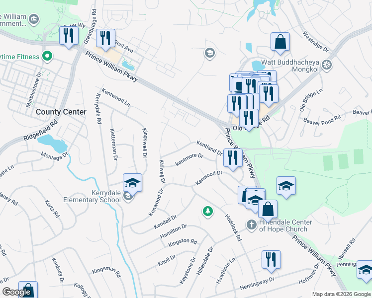 map of restaurants, bars, coffee shops, grocery stores, and more near 4505 Kentland Drive in Woodbridge