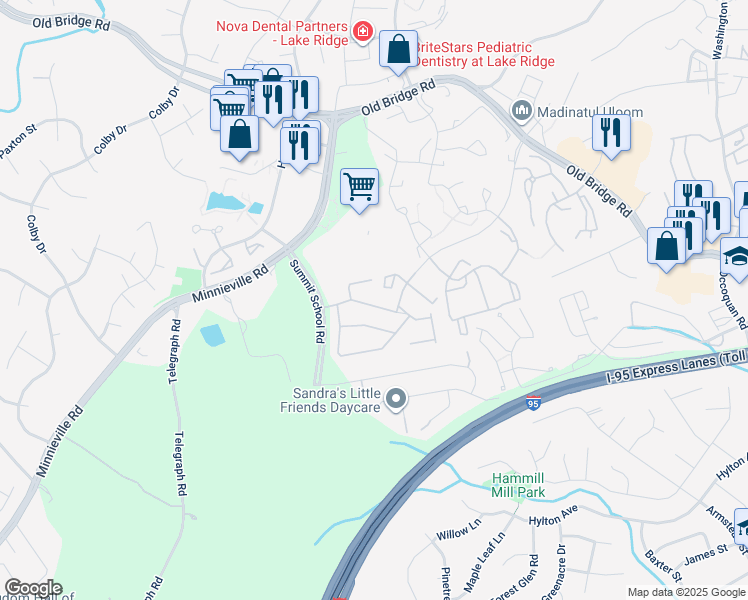 map of restaurants, bars, coffee shops, grocery stores, and more near 2022 Germander Way in Woodbridge