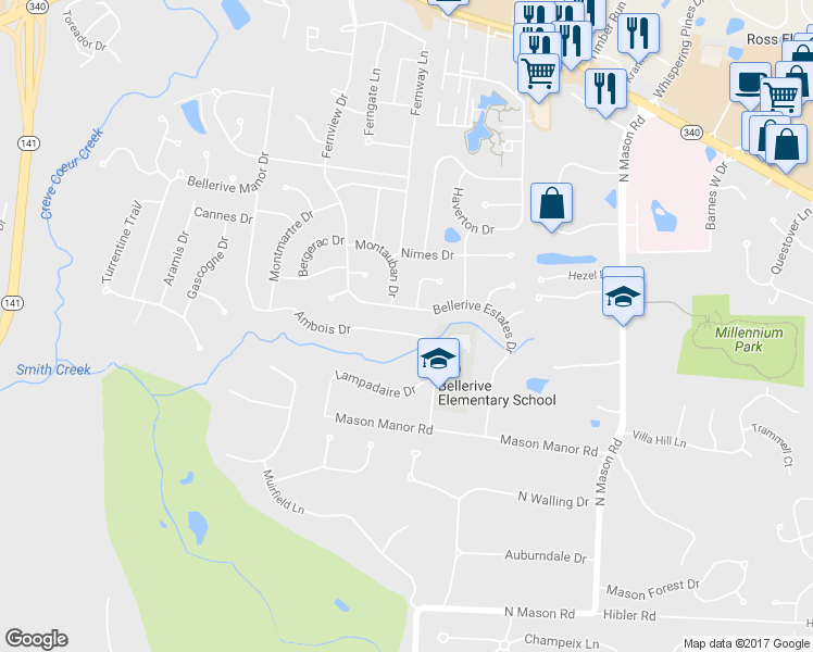 map of restaurants, bars, coffee shops, grocery stores, and more near 12927 Ambois Drive in Creve Coeur