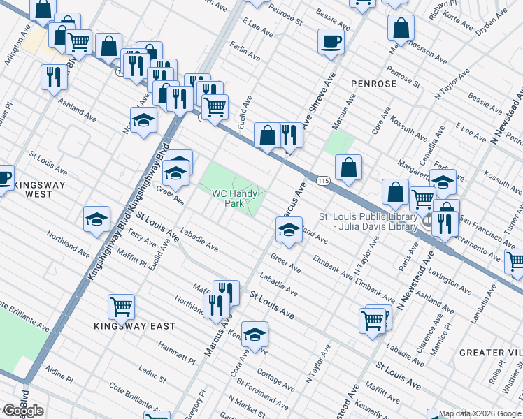 map of restaurants, bars, coffee shops, grocery stores, and more near 4738 Ashland Court in St. Louis