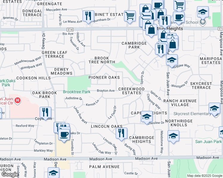 map of restaurants, bars, coffee shops, grocery stores, and more near 7019 Brayton Avenue in Citrus Heights
