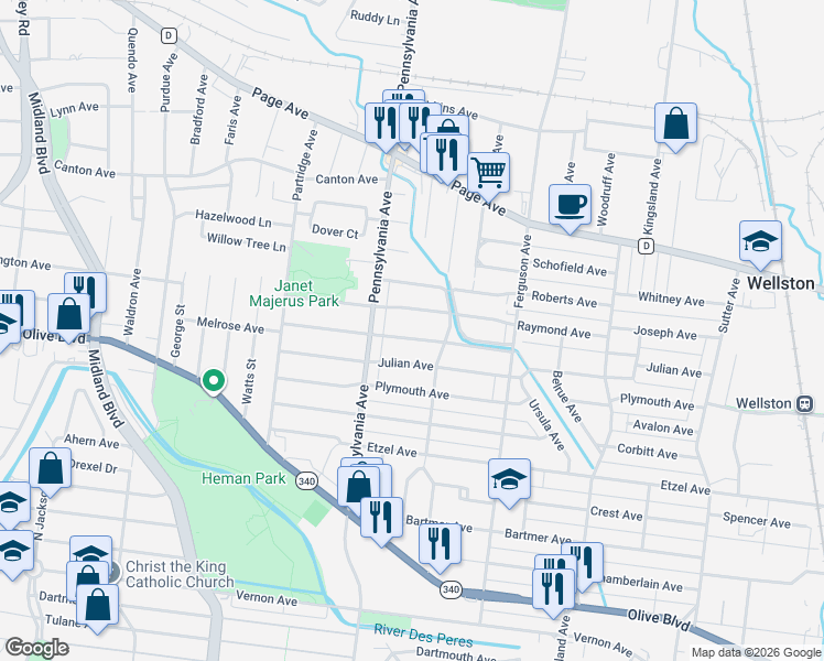 map of restaurants, bars, coffee shops, grocery stores, and more near 6929 Melrose Avenue in University City