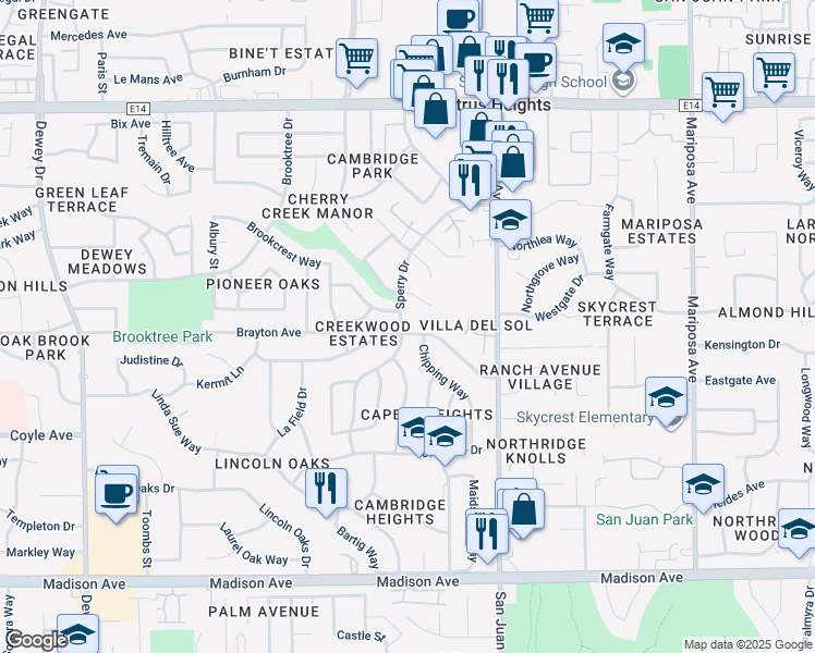 map of restaurants, bars, coffee shops, grocery stores, and more near 7229 Spicer Drive in Citrus Heights
