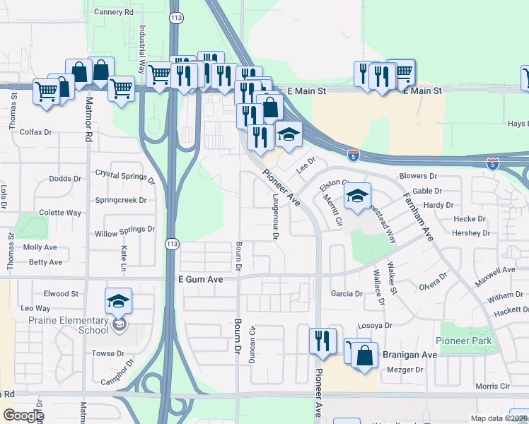 map of restaurants, bars, coffee shops, grocery stores, and more near 1618 Farnham Avenue in Woodland