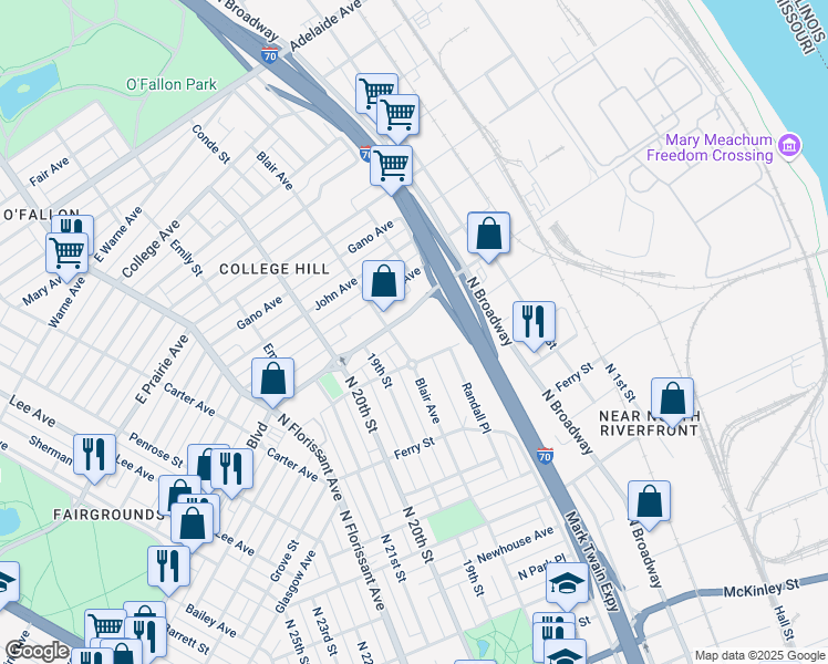map of restaurants, bars, coffee shops, grocery stores, and more near 1438 East Grand Boulevard in St. Louis