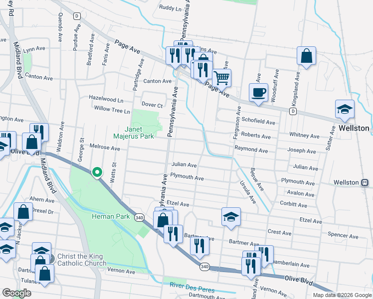 map of restaurants, bars, coffee shops, grocery stores, and more near 6929 Melrose Avenue in University City