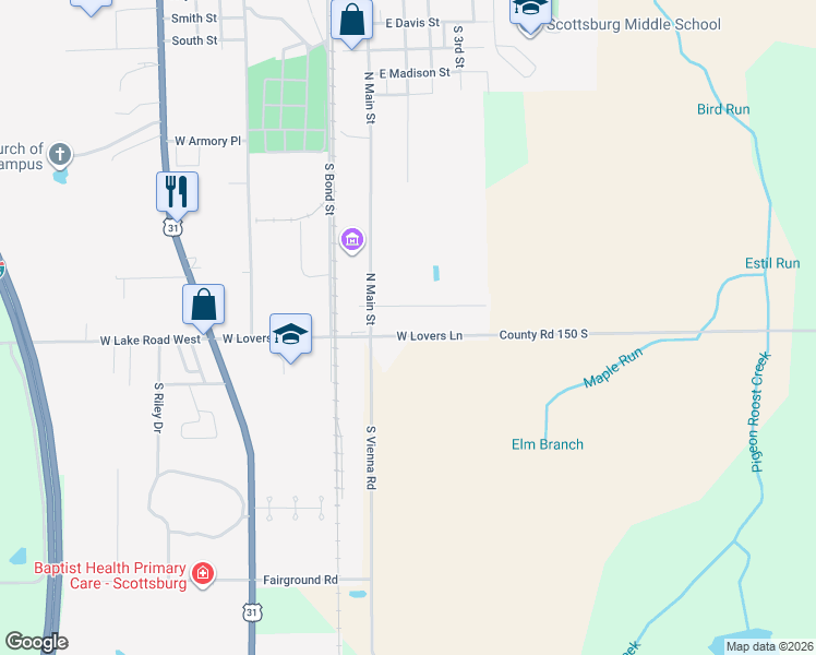 map of restaurants, bars, coffee shops, grocery stores, and more near 126 East Lovers Lane in Scottsburg
