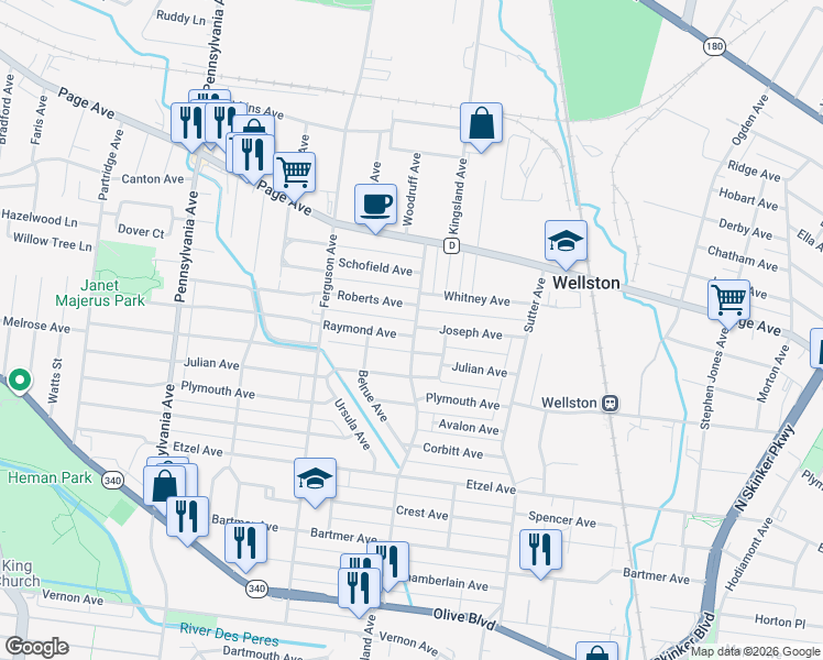 map of restaurants, bars, coffee shops, grocery stores, and more near 6701 Raymond Avenue in St. Louis