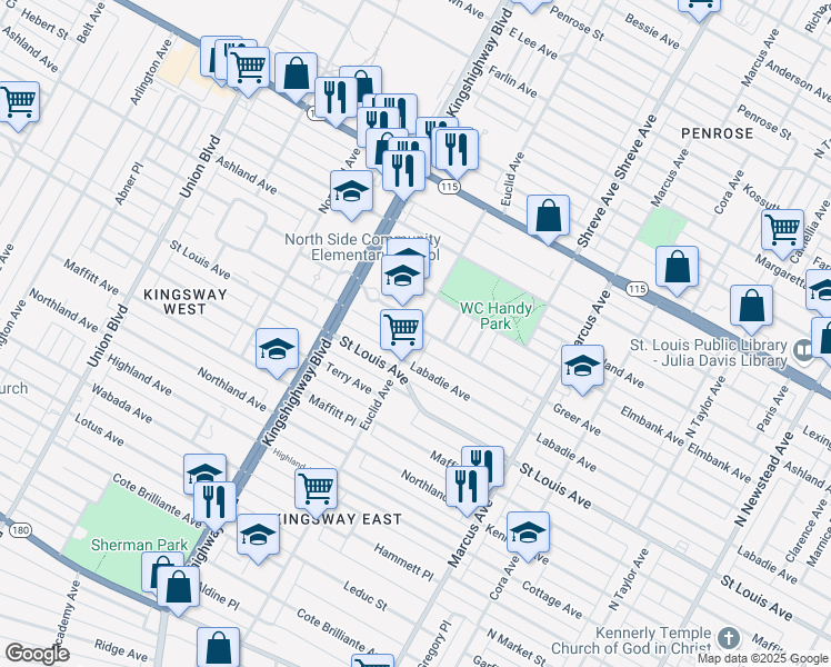 map of restaurants, bars, coffee shops, grocery stores, and more near 3033 North Euclid Avenue in St. Louis