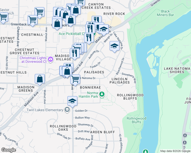map of restaurants, bars, coffee shops, grocery stores, and more near 9477 Lake Natoma Drive in Orangevale