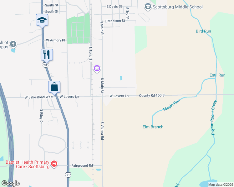 map of restaurants, bars, coffee shops, grocery stores, and more near 126 East Lovers Lane in Scottsburg