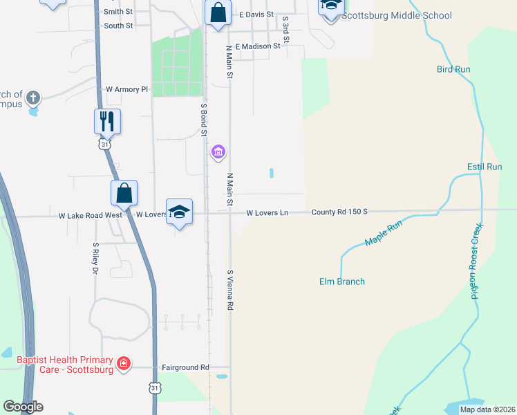 map of restaurants, bars, coffee shops, grocery stores, and more near 126 East Lovers Lane in Scottsburg
