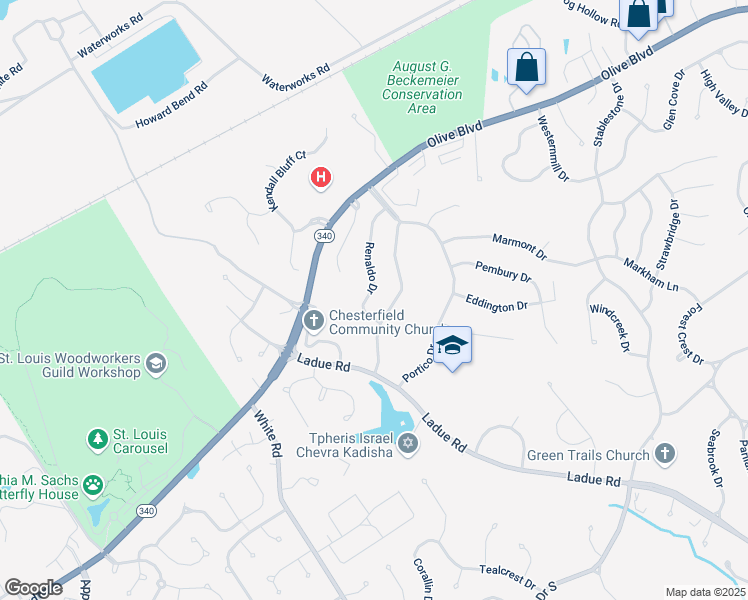map of restaurants, bars, coffee shops, grocery stores, and more near 214 Renaldo Drive in Chesterfield