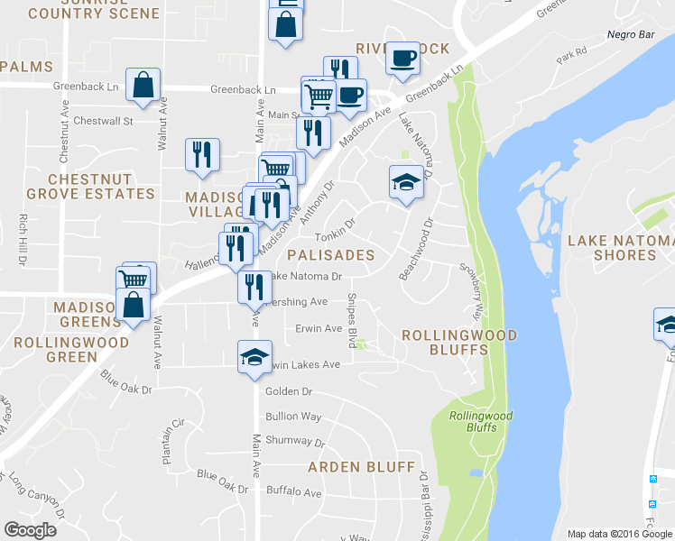 map of restaurants, bars, coffee shops, grocery stores, and more near 9477 Lake Natoma Drive in Orangevale