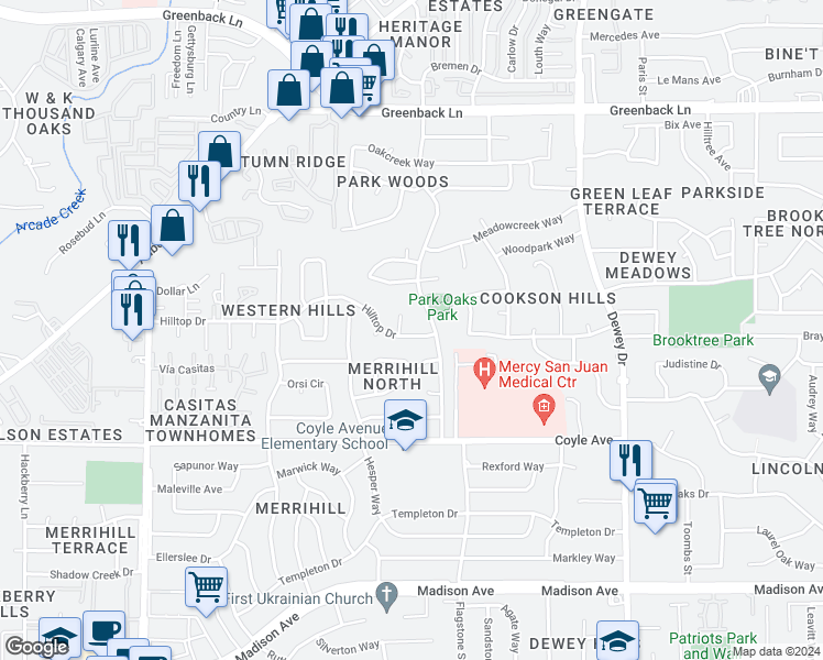 map of restaurants, bars, coffee shops, grocery stores, and more near 6329 Hilltop Drive in Carmichael