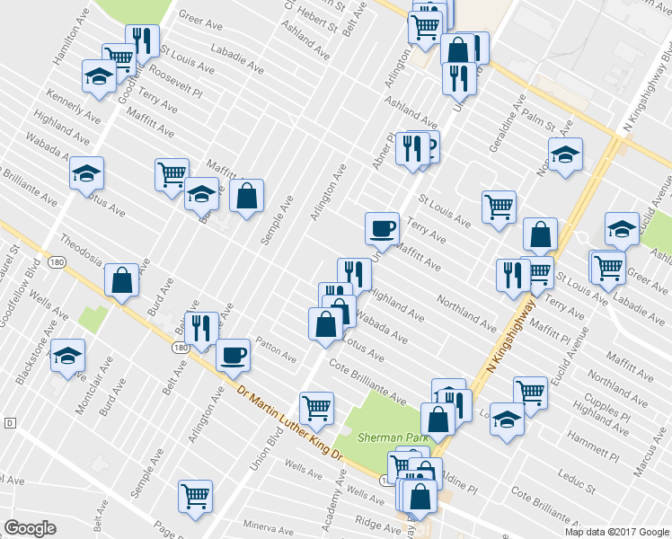 map of restaurants, bars, coffee shops, grocery stores, and more near 2533 Grover Street in St. Louis