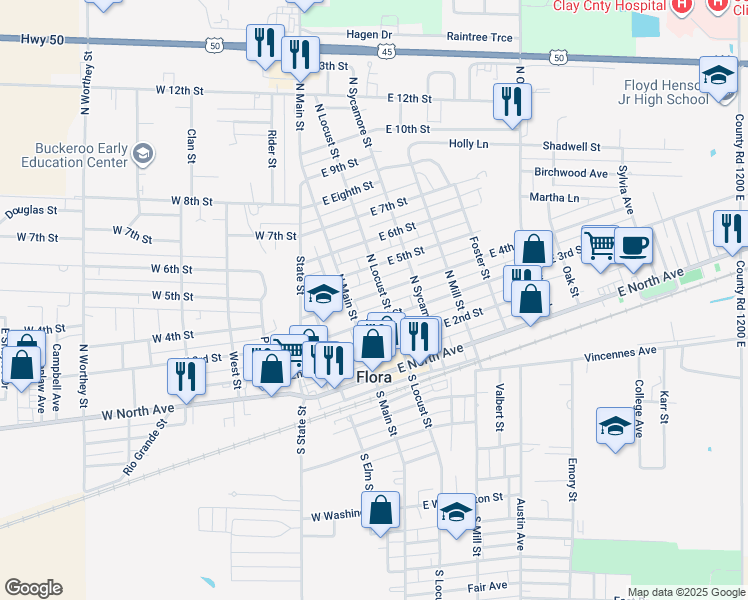 map of restaurants, bars, coffee shops, grocery stores, and more near 124 East 4th Street in Flora