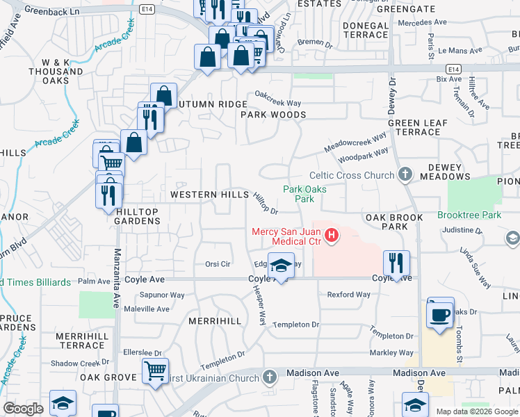 map of restaurants, bars, coffee shops, grocery stores, and more near 6234 Oak Park Court in Carmichael
