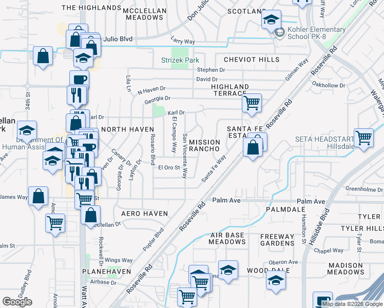 map of restaurants, bars, coffee shops, grocery stores, and more near 3905 Meramonte Way in North Highlands