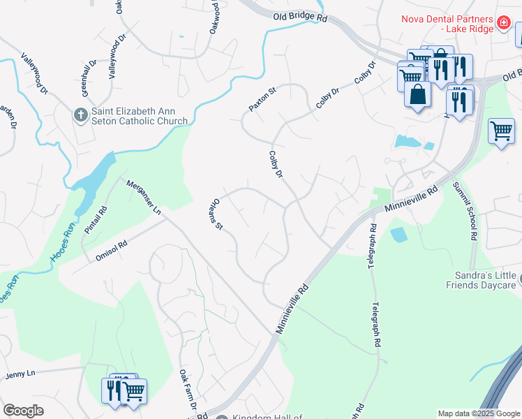 map of restaurants, bars, coffee shops, grocery stores, and more near 13004 Standish Court in Woodbridge