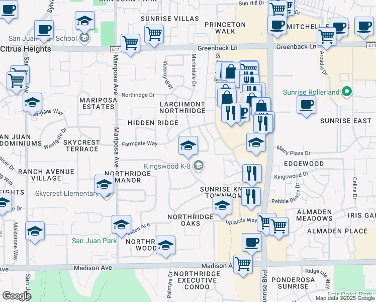 map of restaurants, bars, coffee shops, grocery stores, and more near Primrose Drive & Guenivere Way in Citrus Heights
