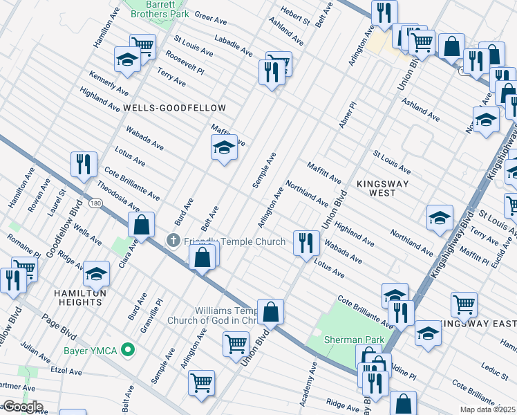 map of restaurants, bars, coffee shops, grocery stores, and more near 5414 Wabada Avenue in Saint Louis