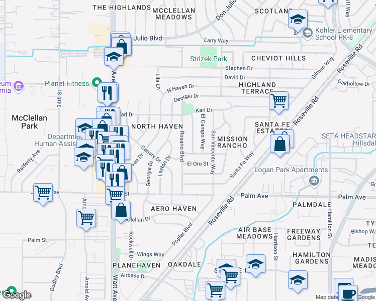 map of restaurants, bars, coffee shops, grocery stores, and more near 3805 Meramonte Way in North Highlands