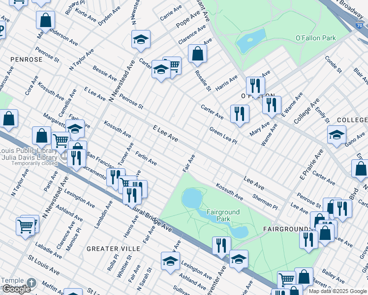 map of restaurants, bars, coffee shops, grocery stores, and more near 4126 Lee Avenue in St. Louis