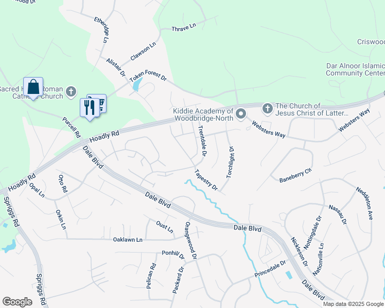 map of restaurants, bars, coffee shops, grocery stores, and more near 13036 Taxi Drive in Woodbridge