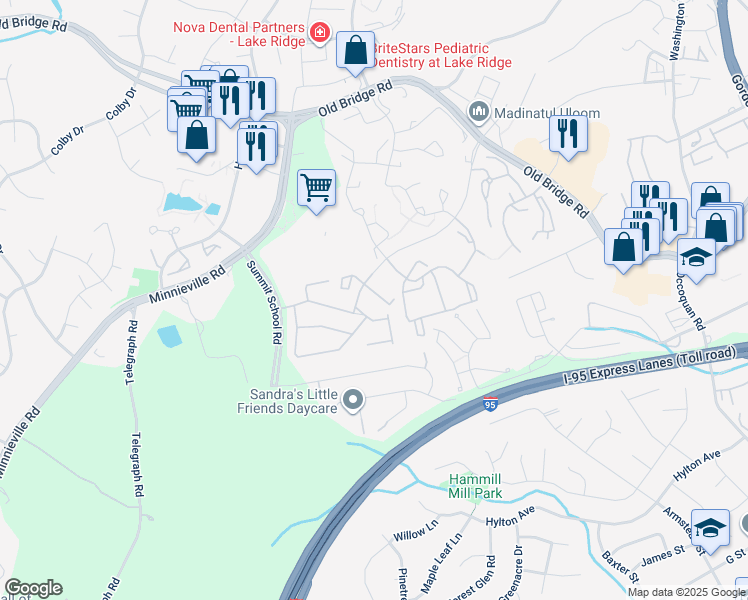 map of restaurants, bars, coffee shops, grocery stores, and more near 1969 Teasel Court in Woodbridge