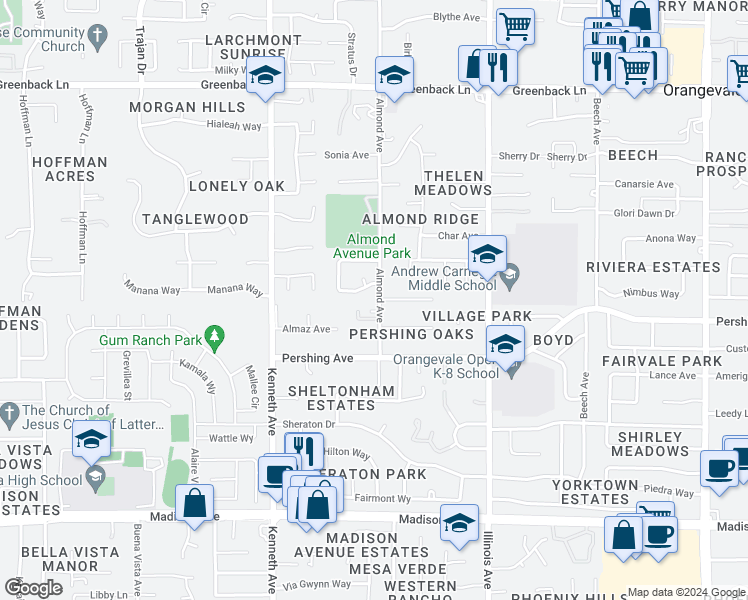 map of restaurants, bars, coffee shops, grocery stores, and more near 5801 Almond Avenue in Orangevale