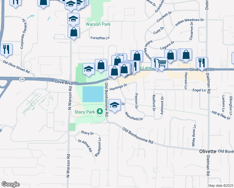 map of restaurants, bars, coffee shops, grocery stores, and more near 804 Avon Court in Olivette