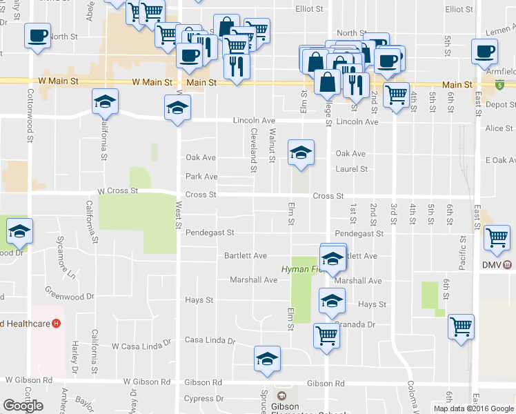 map of restaurants, bars, coffee shops, grocery stores, and more near 719 Cleveland Street in Woodland
