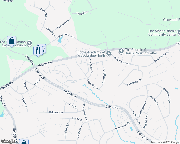 map of restaurants, bars, coffee shops, grocery stores, and more near 13025 Taxi Drive in Woodbridge