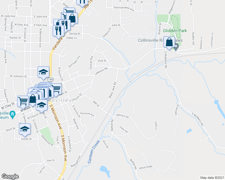 map of restaurants, bars, coffee shops, grocery stores, and more near 149 Black Jack Road in Collinsville