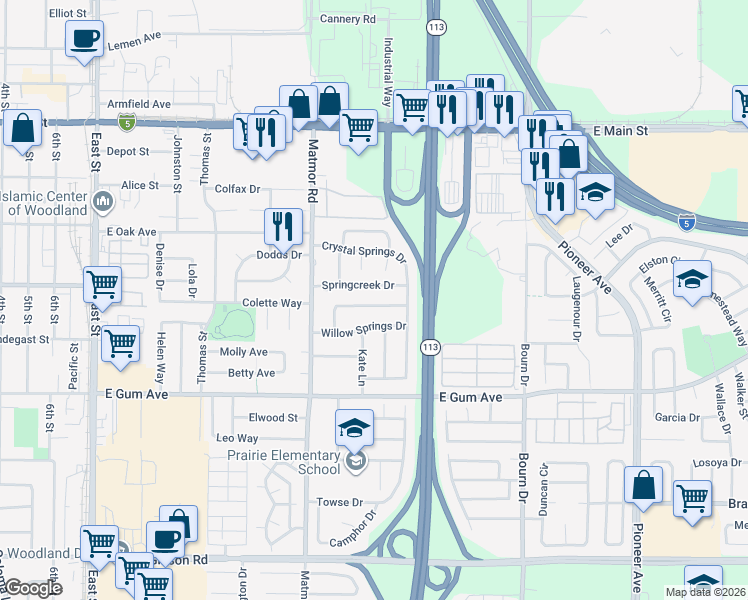 map of restaurants, bars, coffee shops, grocery stores, and more near 1445 Springdale Drive in Woodland