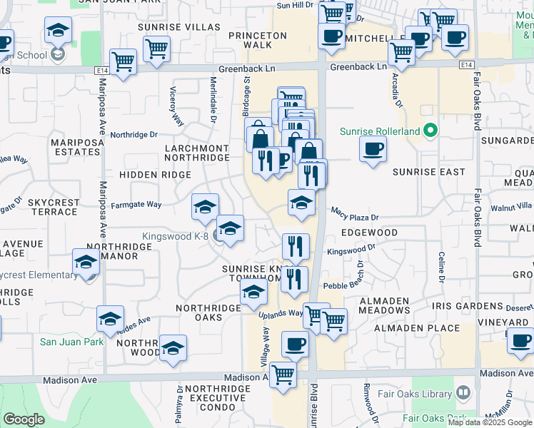 map of restaurants, bars, coffee shops, grocery stores, and more near 5849 Birdcage Street in Citrus Heights