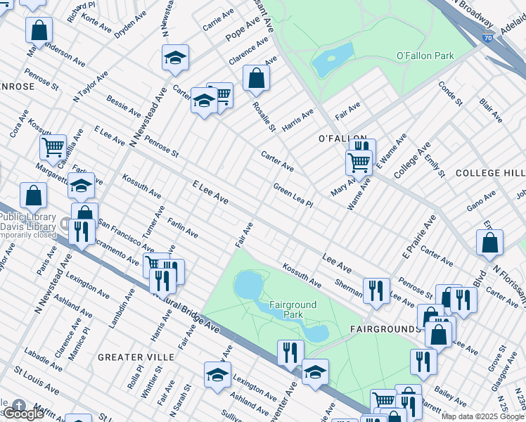 map of restaurants, bars, coffee shops, grocery stores, and more near 4160 Fair Avenue in St. Louis