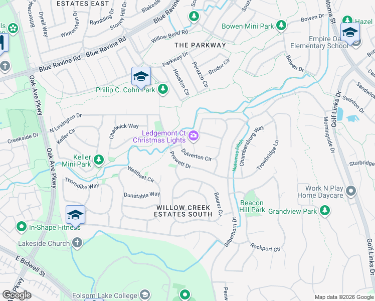 map of restaurants, bars, coffee shops, grocery stores, and more near 108 Dulverton Circle in Folsom