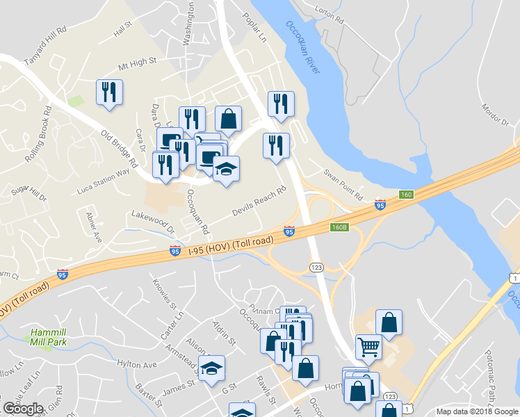 map of restaurants, bars, coffee shops, grocery stores, and more near 1327 Devils Reach Road in Woodbridge