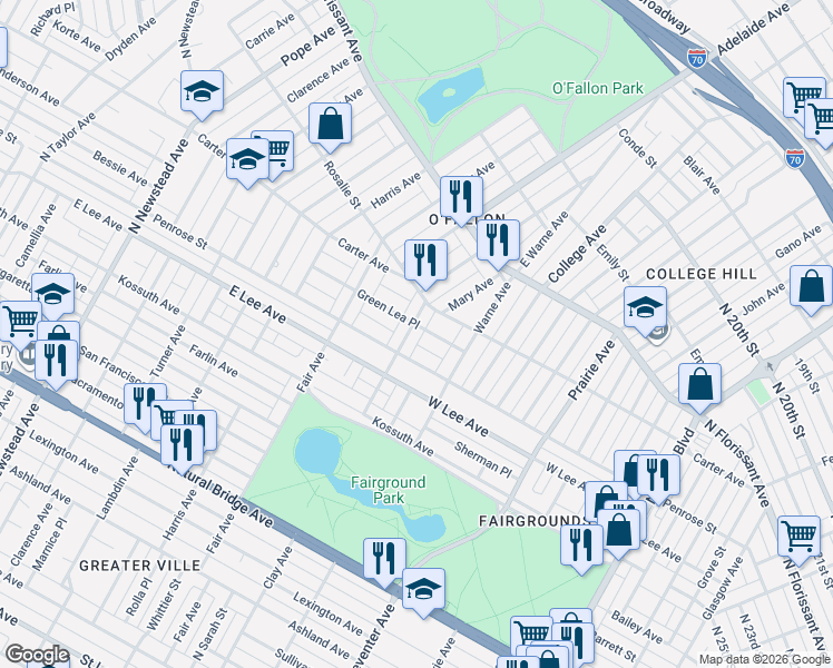 map of restaurants, bars, coffee shops, grocery stores, and more near 4224 Clay Avenue in St. Louis