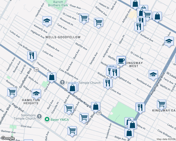 map of restaurants, bars, coffee shops, grocery stores, and more near 5414 Wabada Avenue in St. Louis