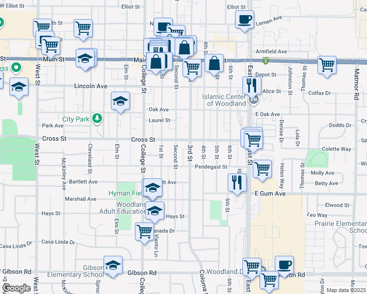 map of restaurants, bars, coffee shops, grocery stores, and more near 710 Cross Street in Woodland