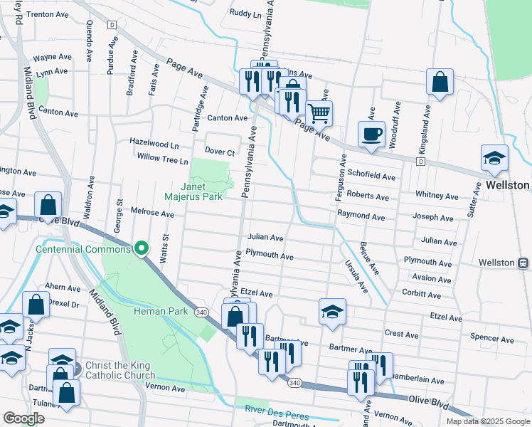 map of restaurants, bars, coffee shops, grocery stores, and more near 6929 Melrose Avenue in University City