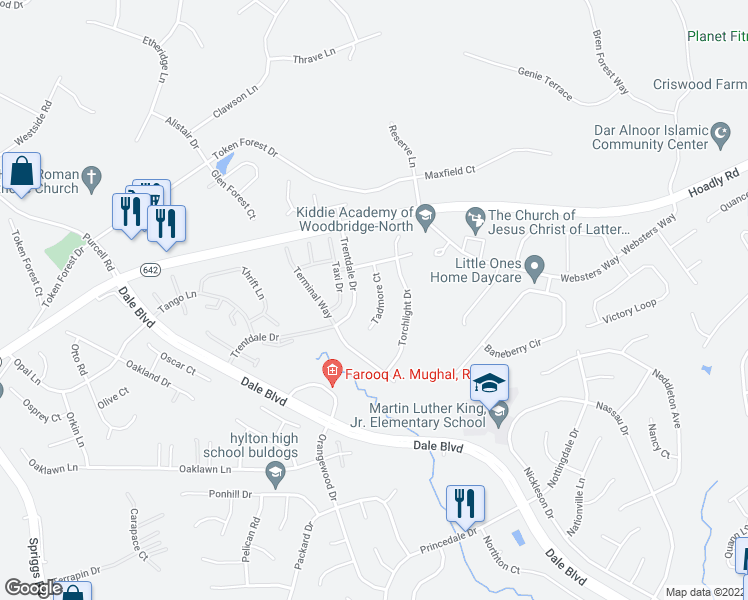 map of restaurants, bars, coffee shops, grocery stores, and more near 13020 Tadmore Ct in Woodbridge