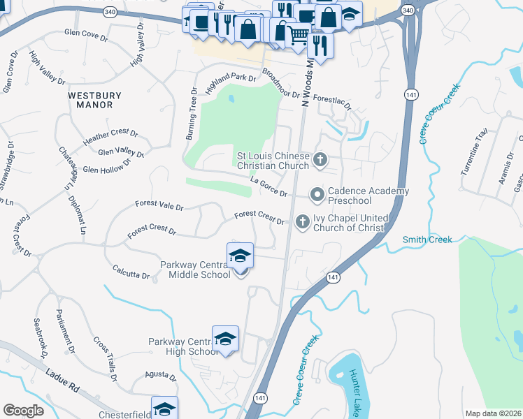 map of restaurants, bars, coffee shops, grocery stores, and more near 55 Forest Crest Drive in Chesterfield