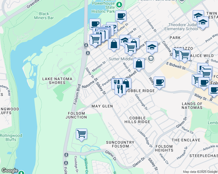 map of restaurants, bars, coffee shops, grocery stores, and more near 1006 Bidwell Street in Folsom