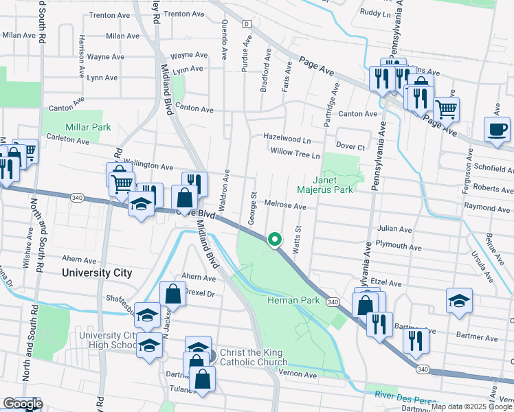 map of restaurants, bars, coffee shops, grocery stores, and more near 1132 George Street in University City